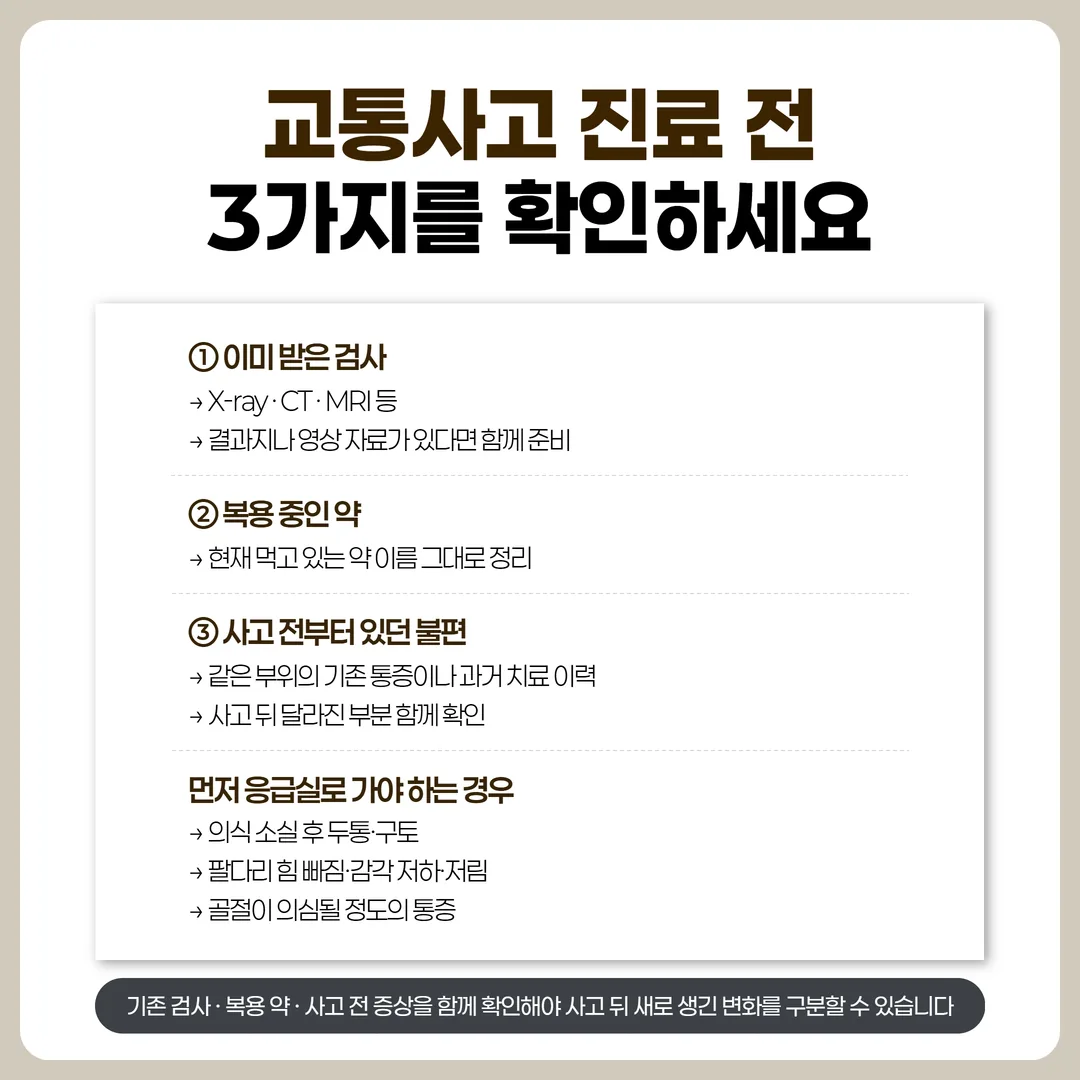 교통사고 첫 진료 전에 챙기는 접수번호 메모와 검사 결과지, 복용 중인 약 목록