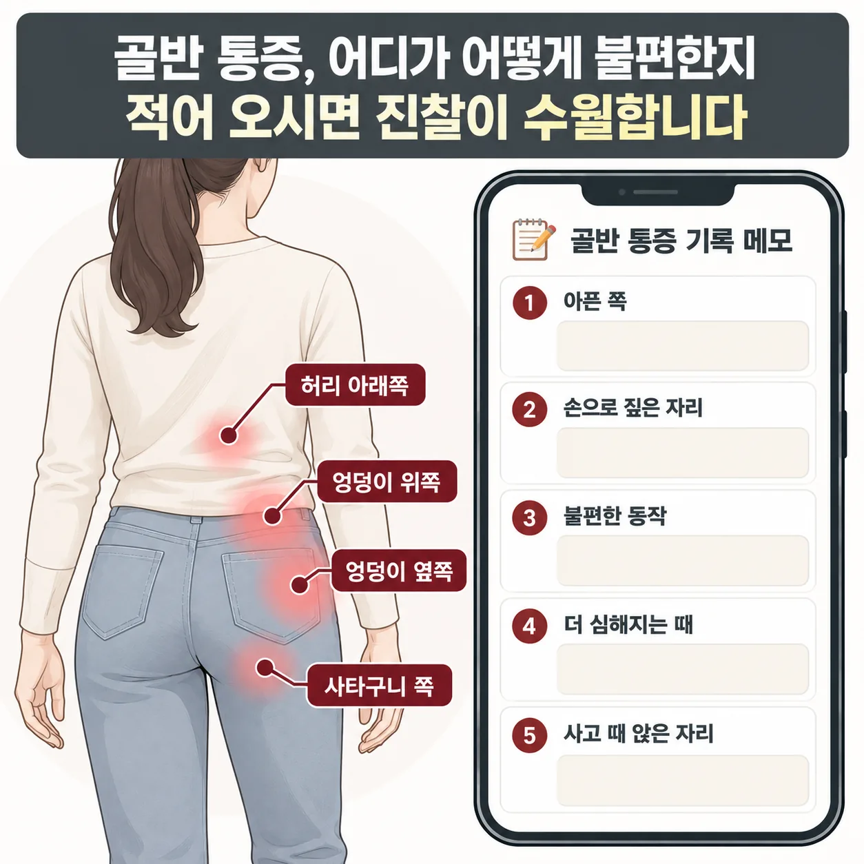교통사고 후 골반 통증의 자리와 불편한 동작을 적어 오는 기록 카드