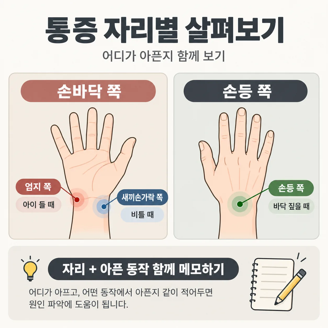 엄지 쪽, 새끼손가락 쪽, 손등 쪽 손목 통증 자리를 표시한 개념도