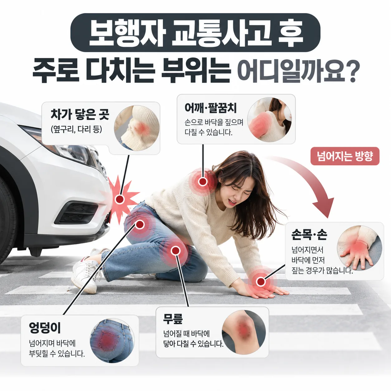 보행자 사고 뒤 차가 닿은 곳과 넘어지며 짚은 곳을 표시하는 기록 그림
