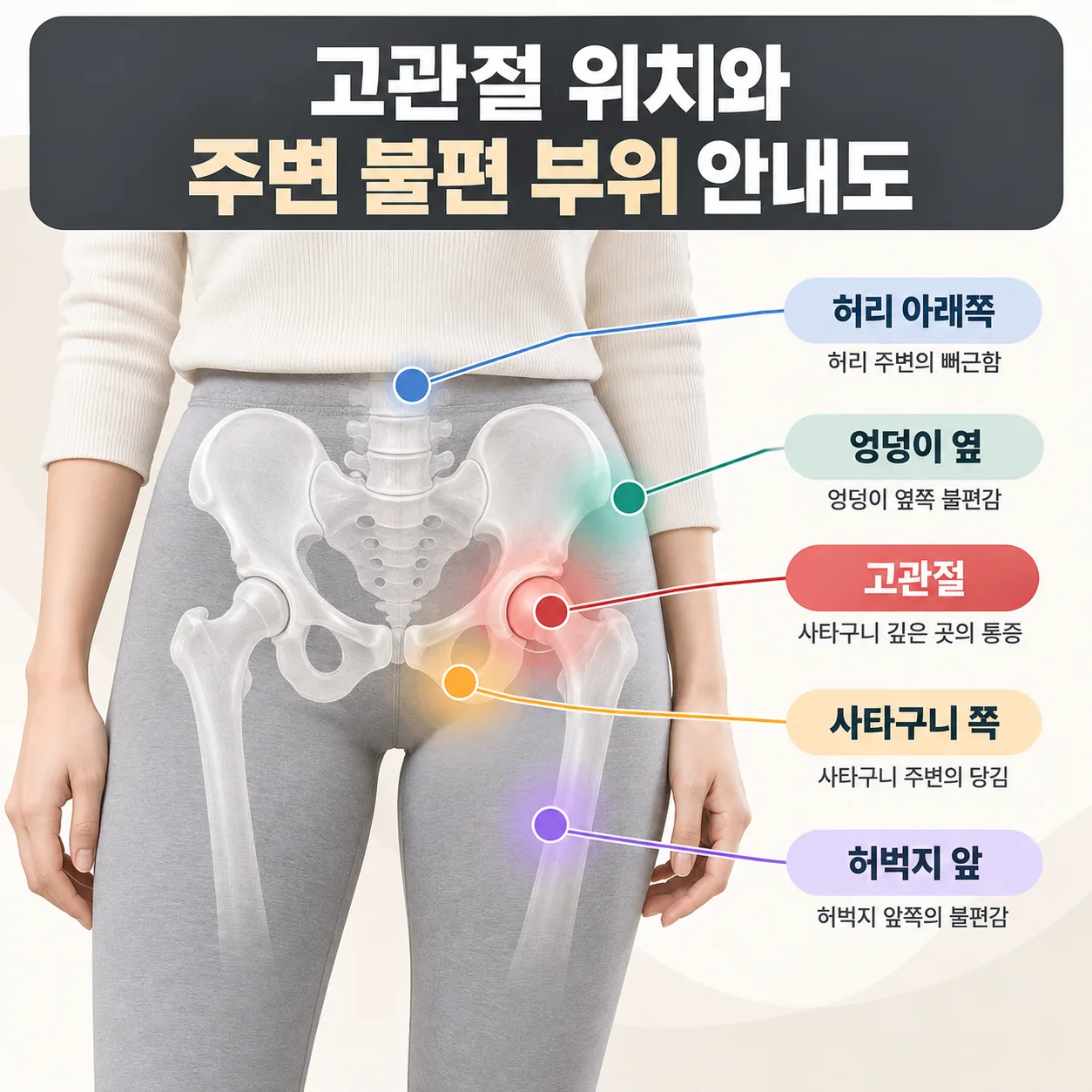 고관절 위치와 허리 아래쪽 엉덩이 옆 사타구니 쪽 허벅지 앞 불편 부위를 표시한 위치 안내도